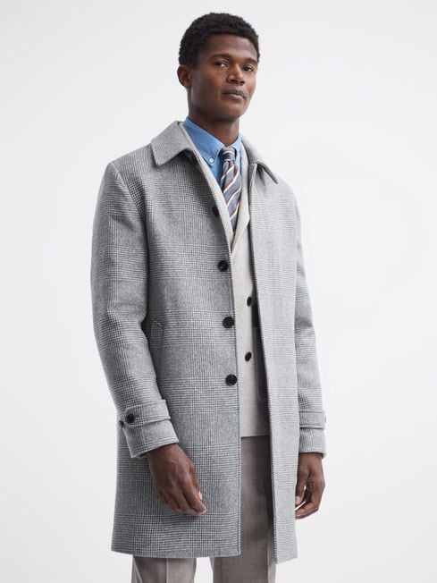 Reiss Soft Grey Bark Wool Blend Check Epsom Overcoat