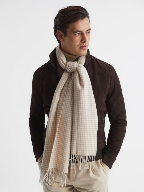 Reiss Oatmeal Clay Wool-Blend Dogtooth Scarf