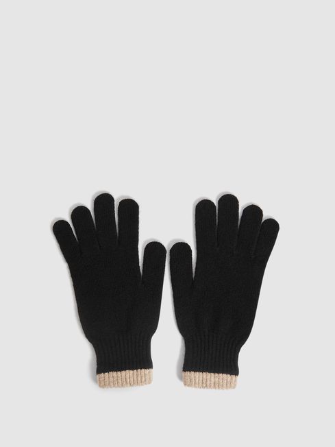 Reiss Black Picton Contrast Trim Knitted Wool Gloves
