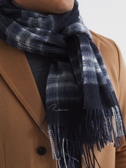 Reiss Navy Curtis Wool & Cashmere Checked Scarf
