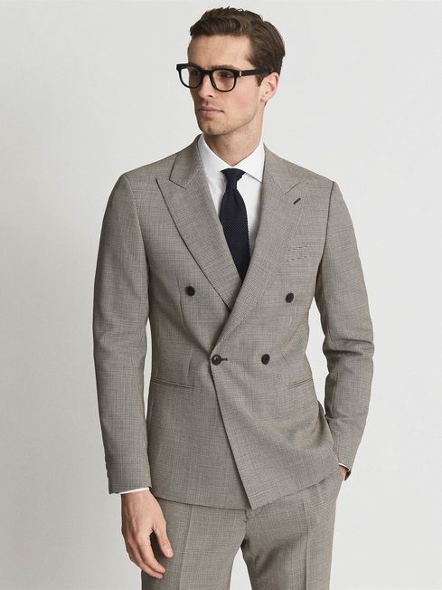 Reiss Oatmeal March Double Breasted Puppytooth Blazer