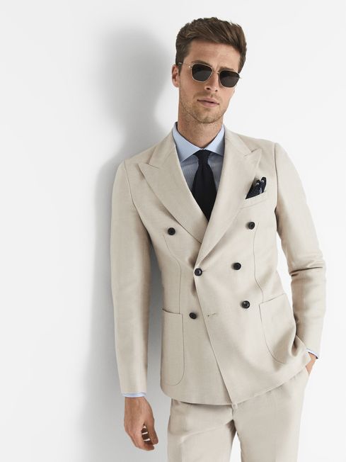 Double Breasted Herringbone Blazer - REISS