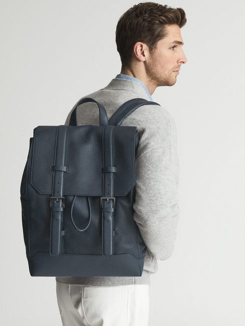 Reiss Dark Blue Bellingham Multi Pocket Grained Leather Backpack