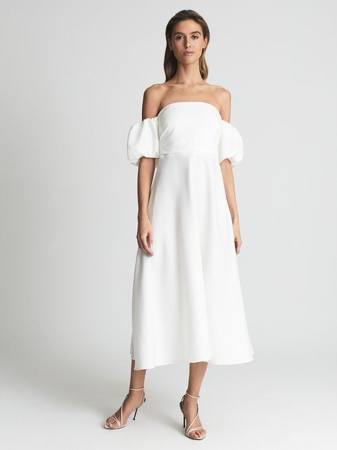 Reiss White Shona Puff Sleeve Off Shoulder Midi Dress