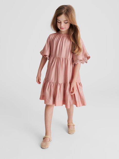 Reiss Pink Alivia Lace Sleeve Dress