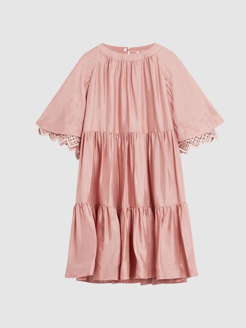 Reiss Pink Alivia Lace Sleeve Dress