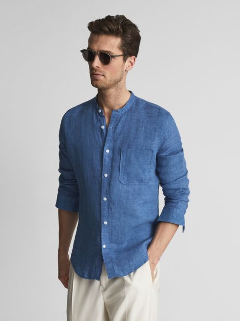 Reiss Cornflower Blue Ocean Linen Grandad Collar Shirt