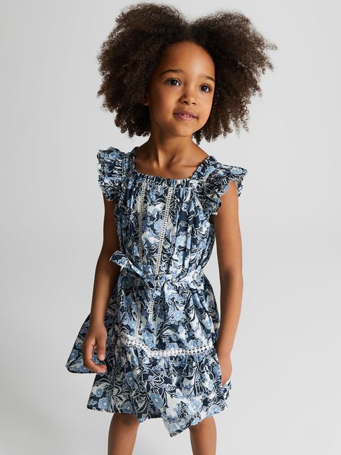Reiss Blue Print Malin Jr Printed Textured Mini Dress