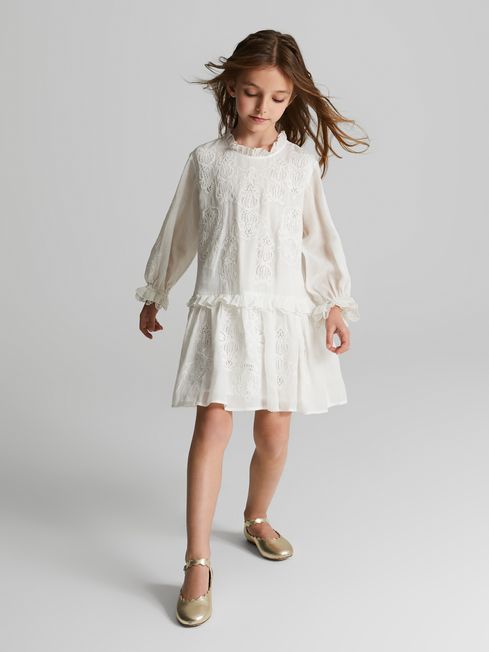 Reiss Ivory Lyra Junior Lace Embroidered Dress