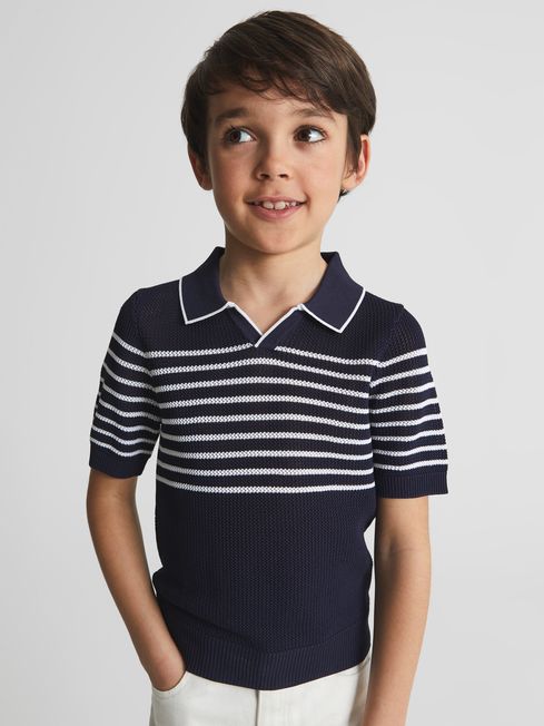 Reiss Navy/White Admiral Junior Open Collar Striped Polo T-Shirt