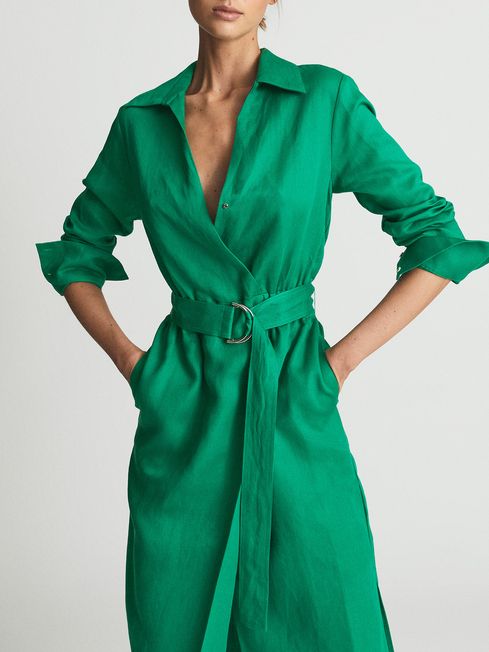 Emily Linen Belted Shirt Dress - REISS
