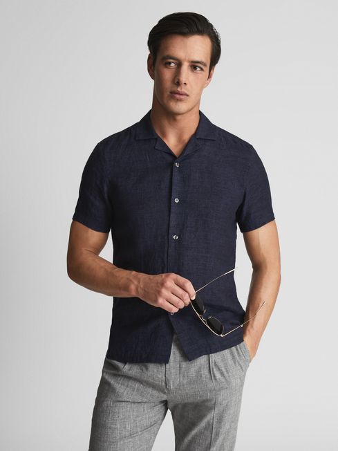 Reiss Navy Rufus Linen Cuban Collar 