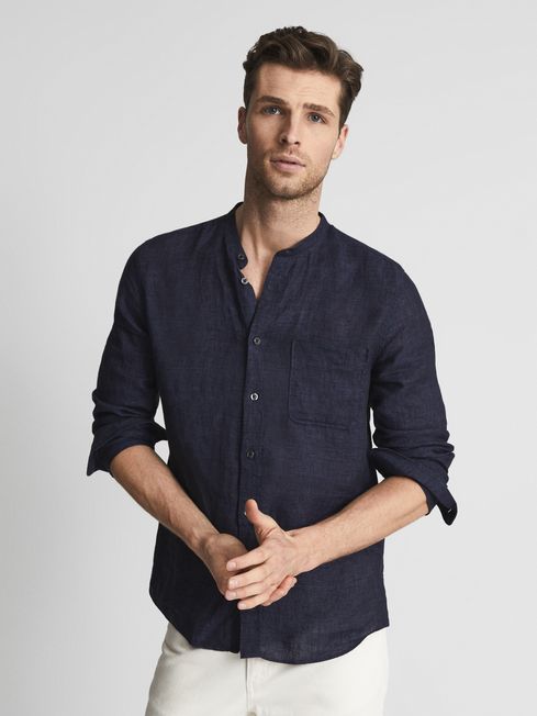 Reiss Navy Ocean Linen Grandad Collar 