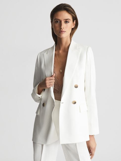 Reiss White Willow Petite Linen Blend Double Breasted Blazer