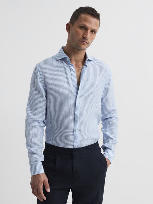 Reiss Blue Stripe Ruban Linen Regular Fit Shirt