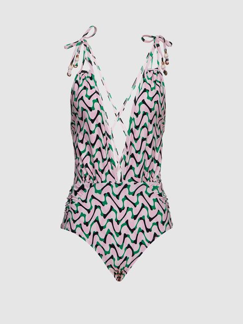 Reiss Green Amelia Plunge Printed Swimsuit