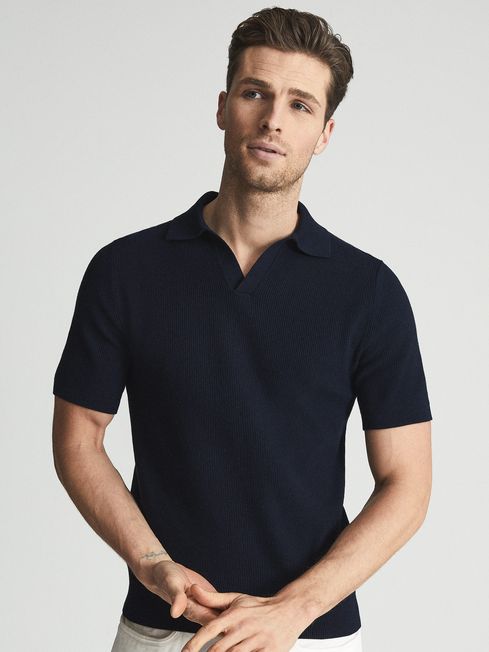 Reiss Navy Cumbria Texture Open Collar Knitted Polo
