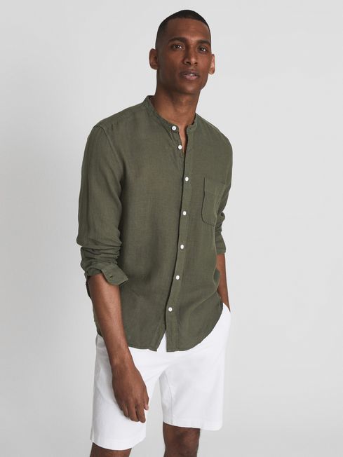 Reiss Olive Ocean Linen Grandad Collar Shirt