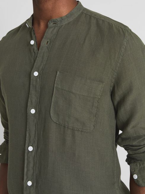 Reiss Olive Ocean Linen Grandad Collar 