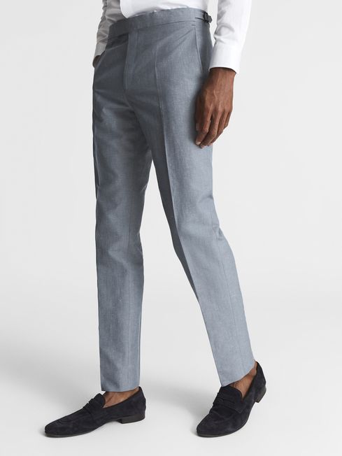 Reiss Airforce Blue Tone Slim Fit Formal Linen Trousers