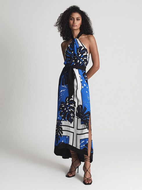 Reiss Blue Erin Palm Print Midi Dress
