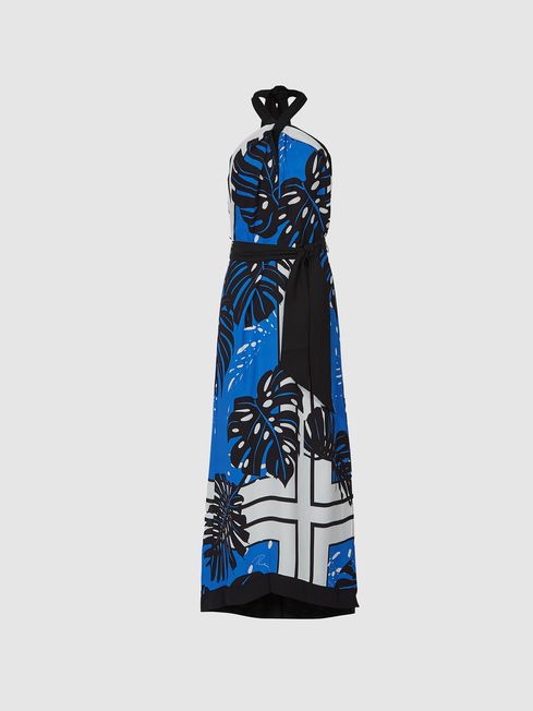 Reiss Blue Erin Palm Print Midi Dress