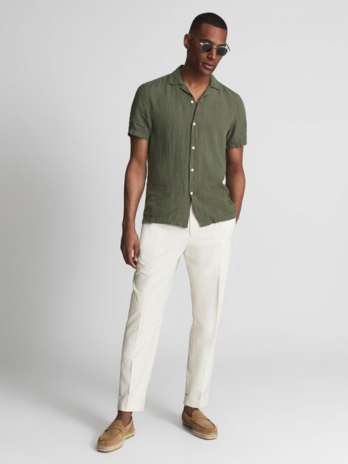 Reiss Olive Rufus Linen Cuban Collar 