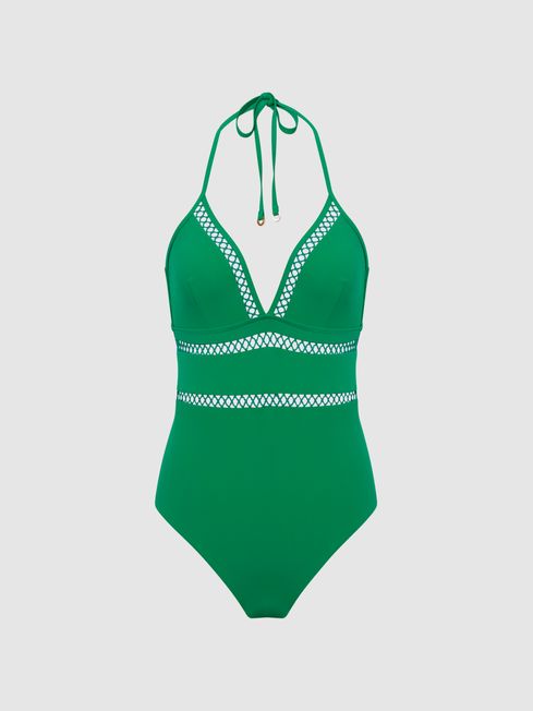 Reiss Green Gia Halterneck Printed Swimsuit