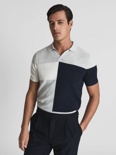 Reiss Grey Melange Tondo Open Collar Colourblock Polo T-Shirt