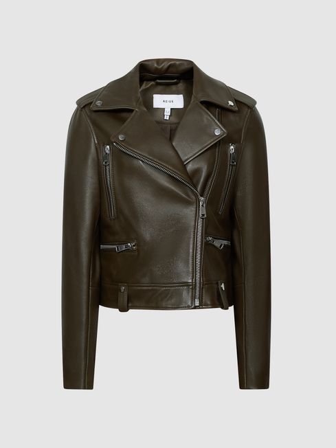 Reiss Green Santiago Leather Biker Jacket - REISS