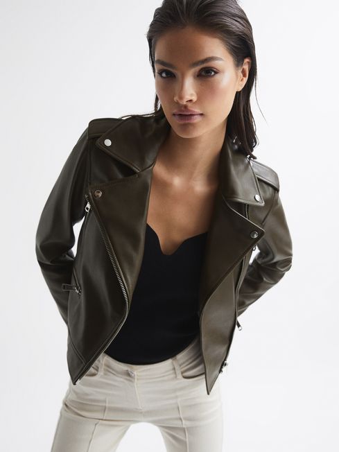 Reiss Green Santiago Leather Biker Jacket - REISS