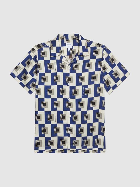 Reiss Blue Celcius - Che Geo Printed Cuban Collar Shirt