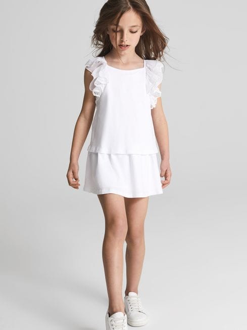 Reiss White Charlotte Lace Shoulder Jersey Mini Dress