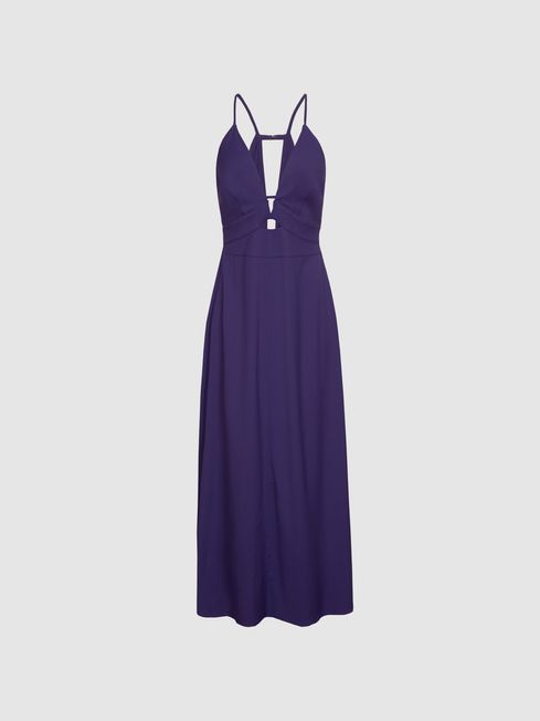 Reiss Purple Ellis Plunge Bodycon Midi Dress