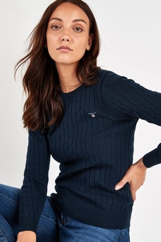 GANT Stretch Cotton Cable Crew in Blue Womens Jumpers and knitwear GANT Jumpers and knitwear 