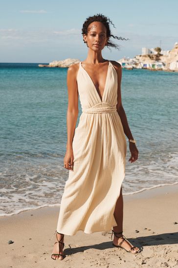 Cream Plunge Rope Belted Maxi Summer Dress