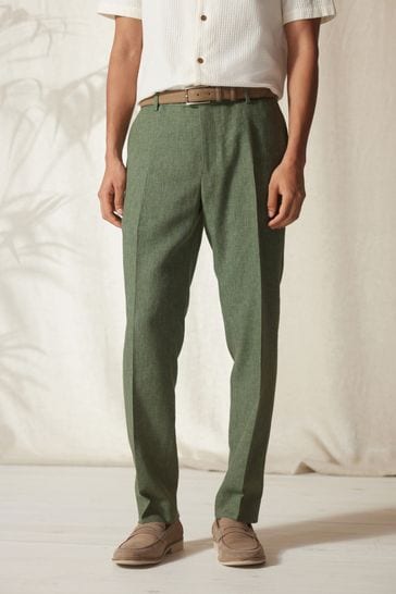 Green Tailored Fit Linen Blend Suit: Trousers
