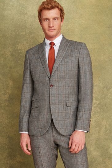 Joules Grey/Rust Check Wool Slim Fit Suit: Jacket