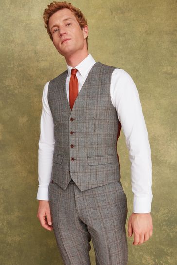 Joules Grey/Rust Check Slim Fit Wool Suit: Waistcoat