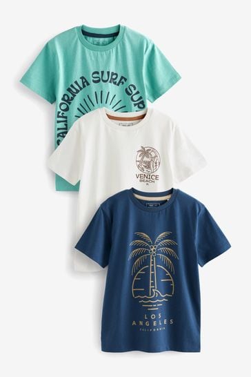 Relaxed Fit Blue Beach/Palm Tree Short Sleeve Graphic T-Shirts 3 Pack (3-16yrs)
