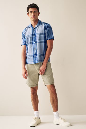 Buy Navy Blue Textured Check Cuban Collar Short Sleeve Shirt from