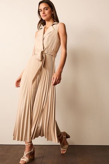 Buy Stone Natural Pleated Sleeveless Midi Dress from Next France