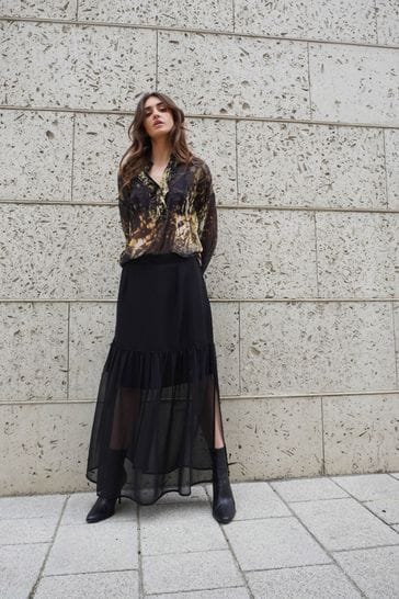 Religion Black Tiered Maxi Skirt In Sheer Georgette and Short Lining