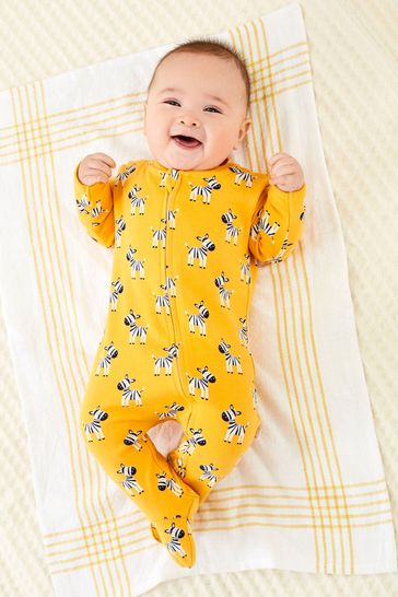 JoJo Maman Bébé Yellow Zebra Print Zip Cotton Baby Sleepsuit