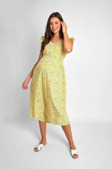 JoJo Maman Bébé Yellow Lemon Floral Print Frill Sleeve Maternity Midi Dress