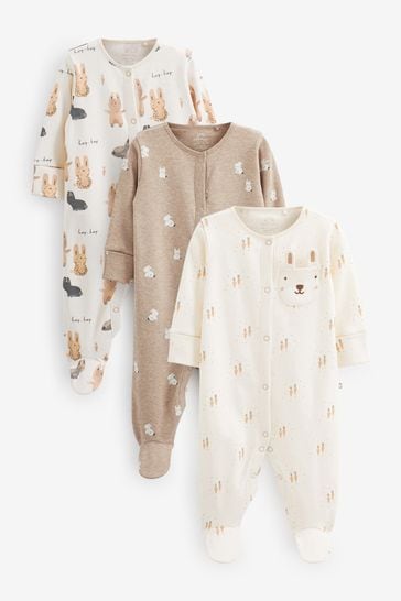Beige Cream Bunny Baby Sleepsuits 3 Pack (0mths-3yrs)