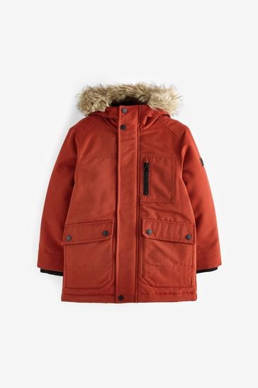 Red Shower Resistant Faux Fur Parka Coat (3-16yrs)