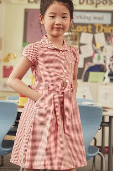 Red Cotton Rich Belted Gingham School Dress With Scrunchie (3-14yrs)