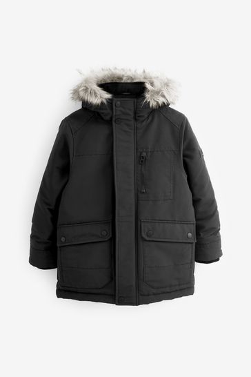 Black Shower Resistant Faux Fur Parka Coat (3-16yrs)