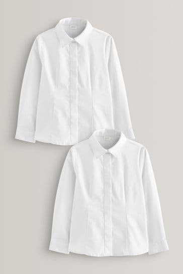 White 2 Pack Fitted Long Sleeve Cotton Rich Stretch Premium School Shirts (3-18yrs)